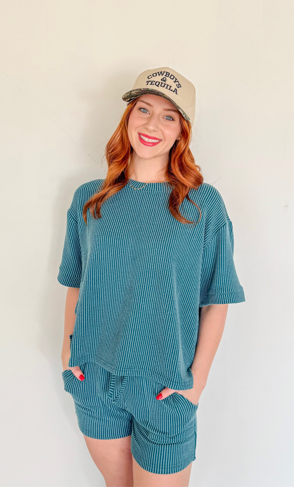 Ribbed Short Sleeve Tee and Short Sets- Teal