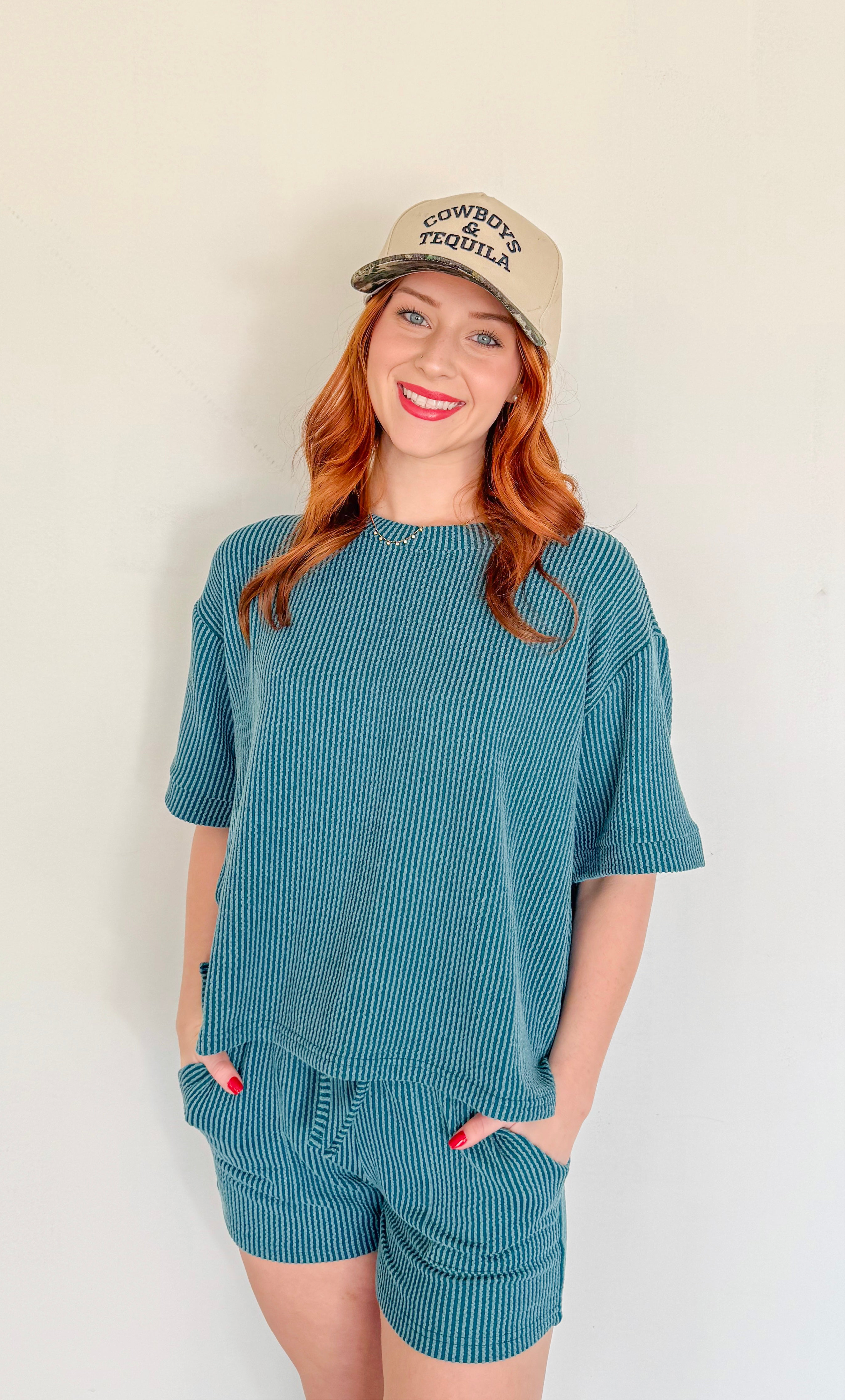 Ribbed Short Sleeve Tee and Short Sets- Teal