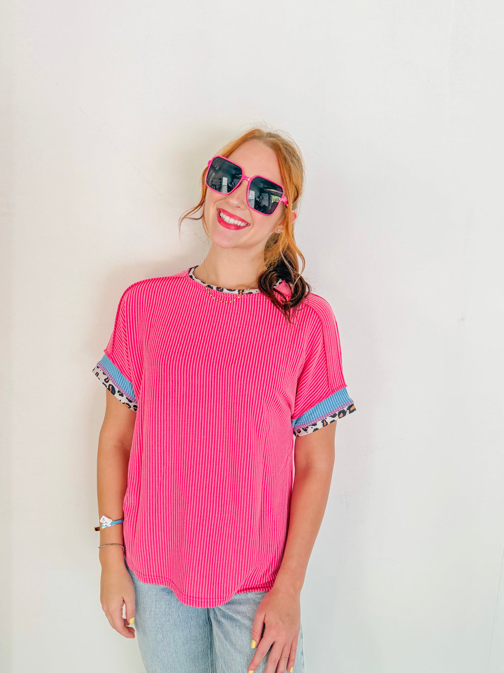 Leopard Contrast Corded Top- Pink