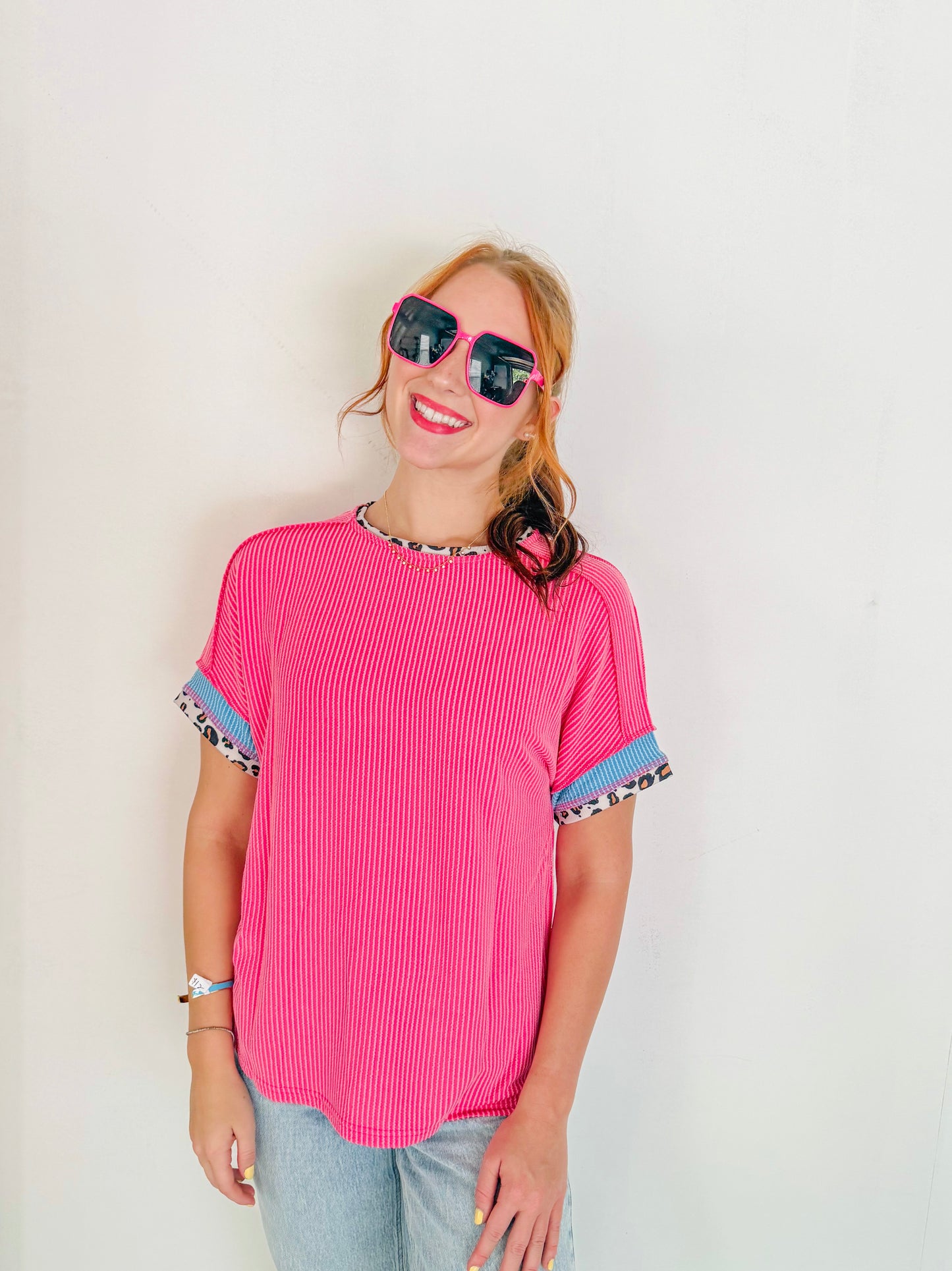 Leopard Contrast Corded Top- Pink