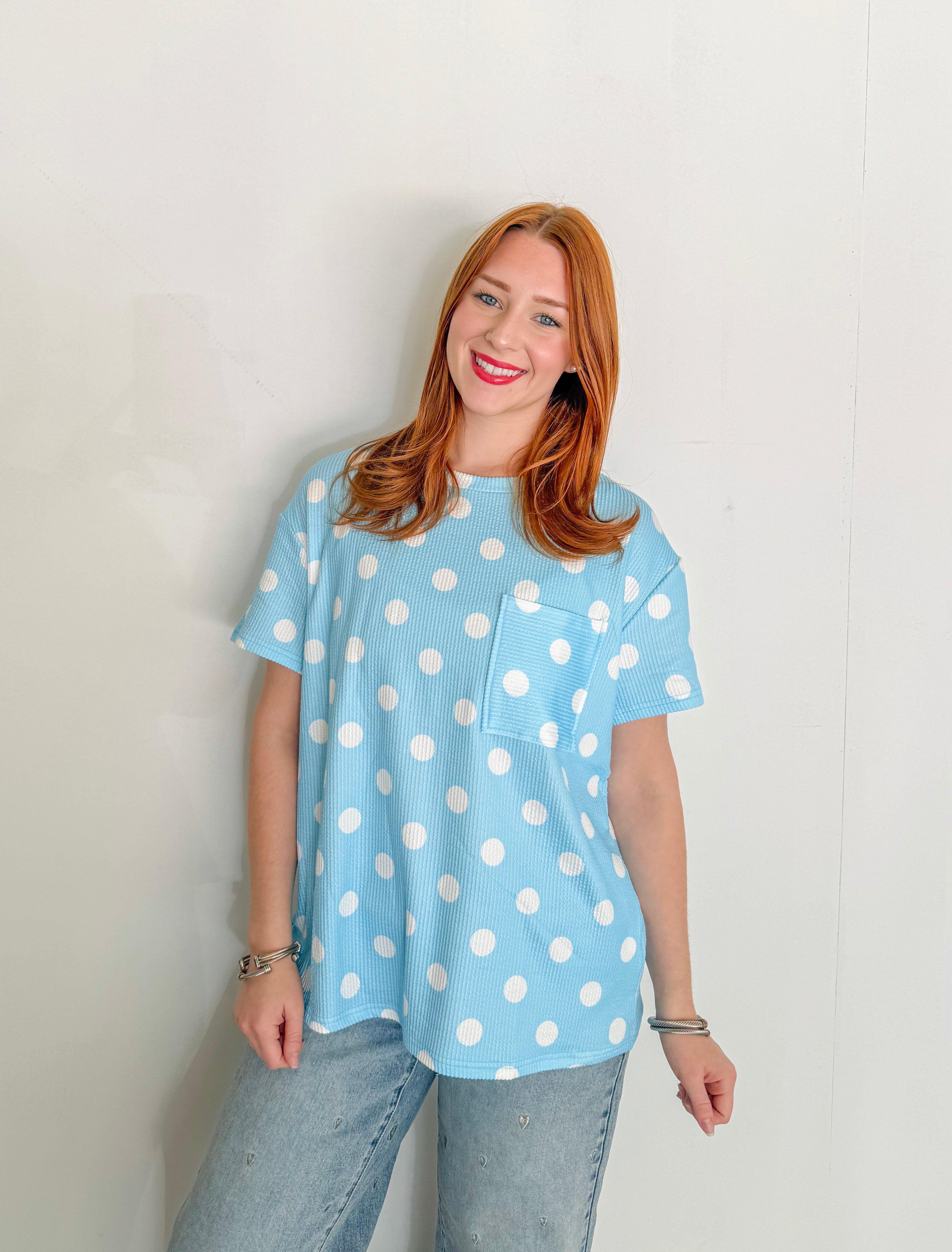 Ribbed Polka Dot Chest Pocket Tee- Sky Blue