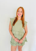 Ruffled Woven Top & Shorts Set- Sage