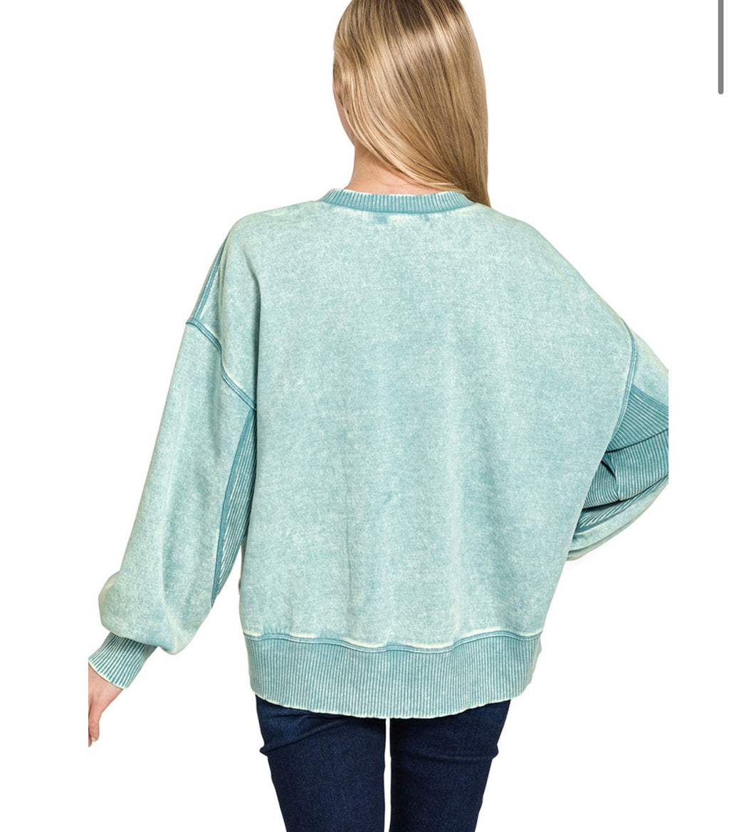 Acid Wash Fleece Oversized Pullover- Dusty Teal