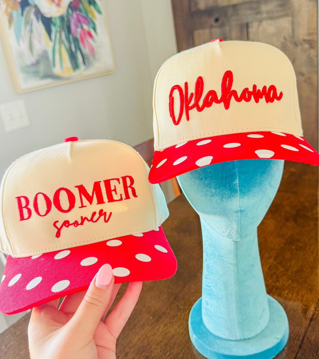 Oklahoma Canvas Hats- Red Polka Dot