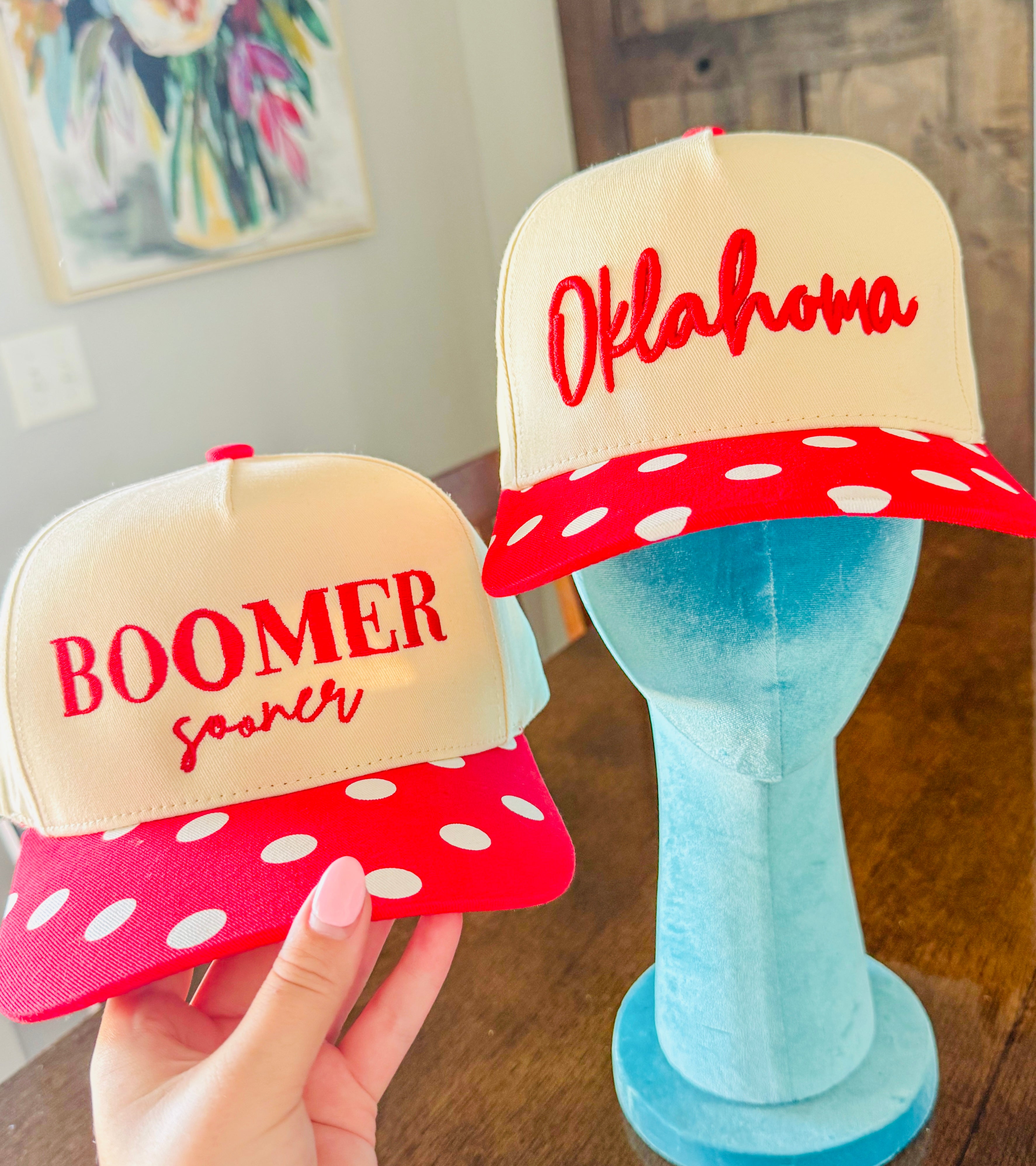 Oklahoma Canvas Hats- Red Polka Dot