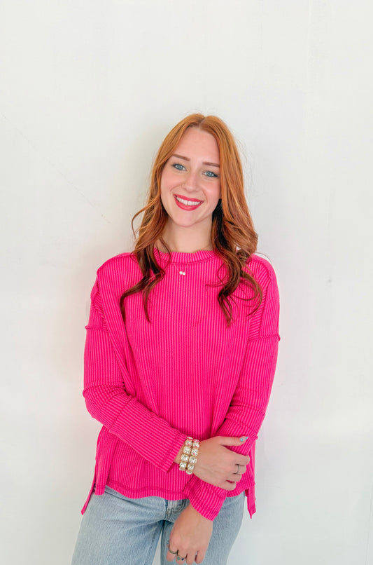 Ribbed Long Sleeve Top- Hot Pink