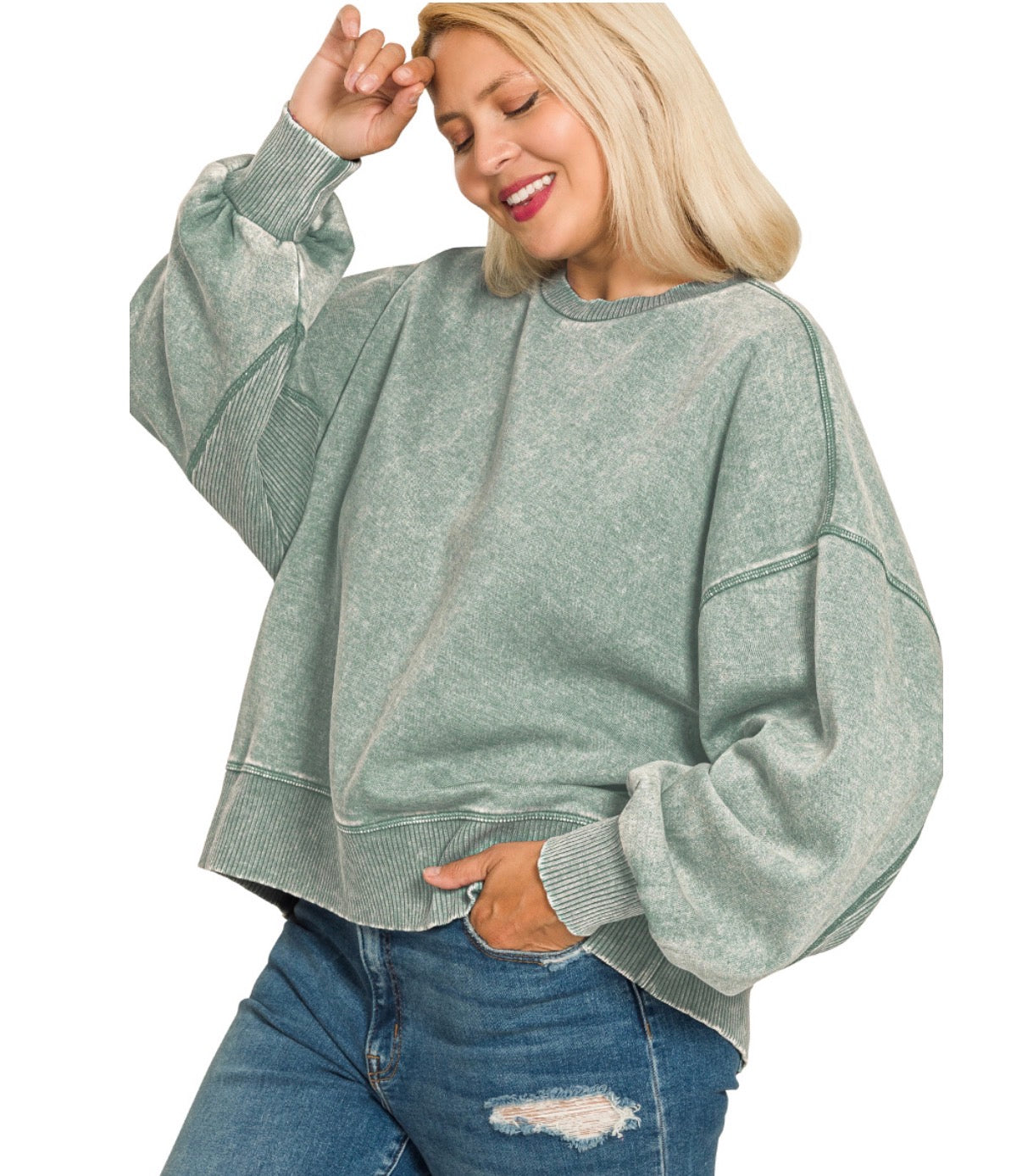 Acid Wash Fleece Oversized Pullover- Ash Jade