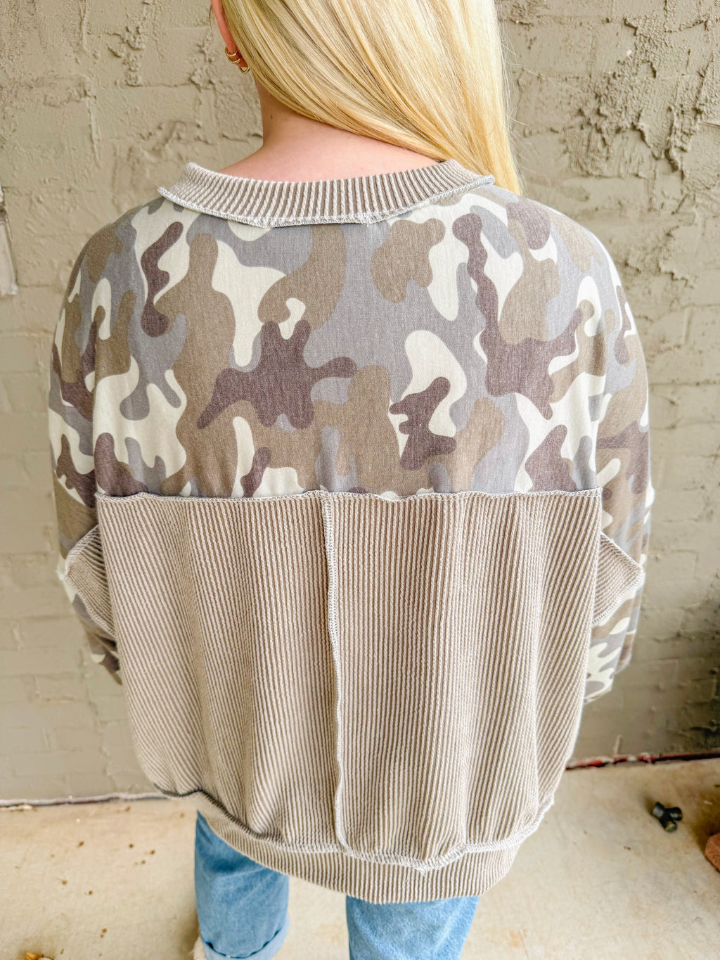 Camo Reverse Stitch Pullover Top- Khaki