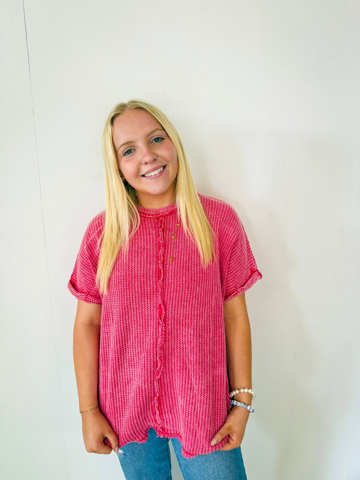 Waffle Short Sleeve Top- Hot Pink