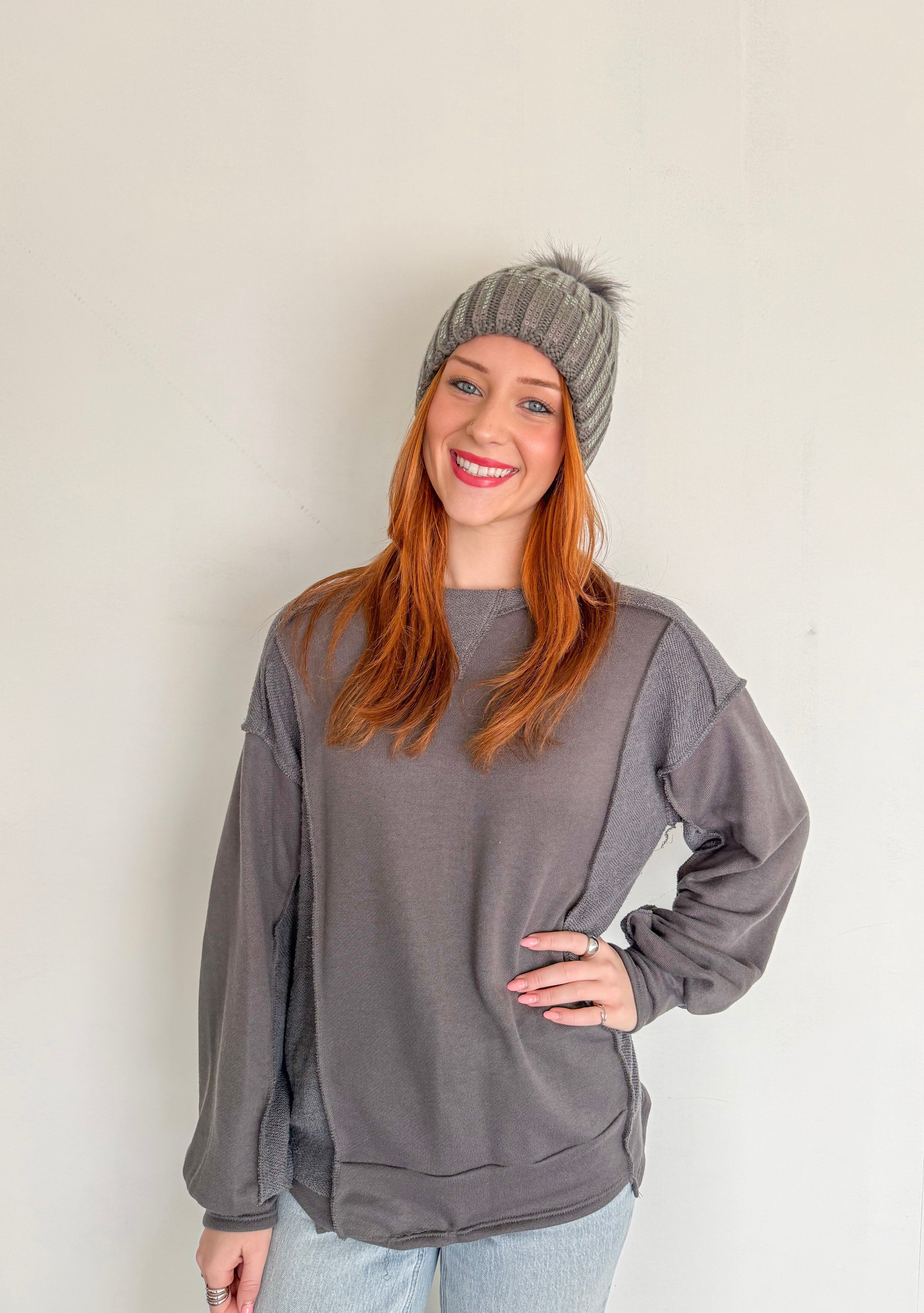 Terry Knit Exposed Stitch Pullover- Charcoal Grey