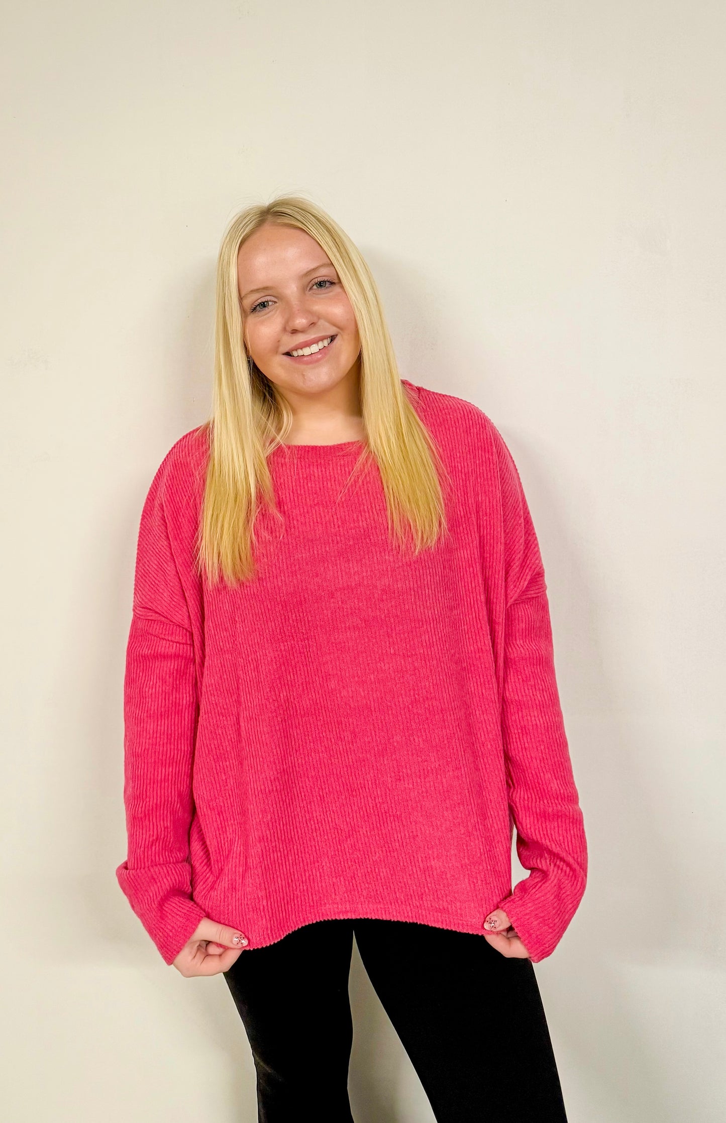 Ribbed Hot Pink Long Sleeve Sweater