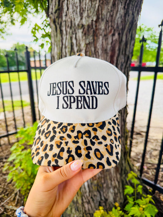 Jesus Saves I Spend Canvas Trucker Hat- Leopard