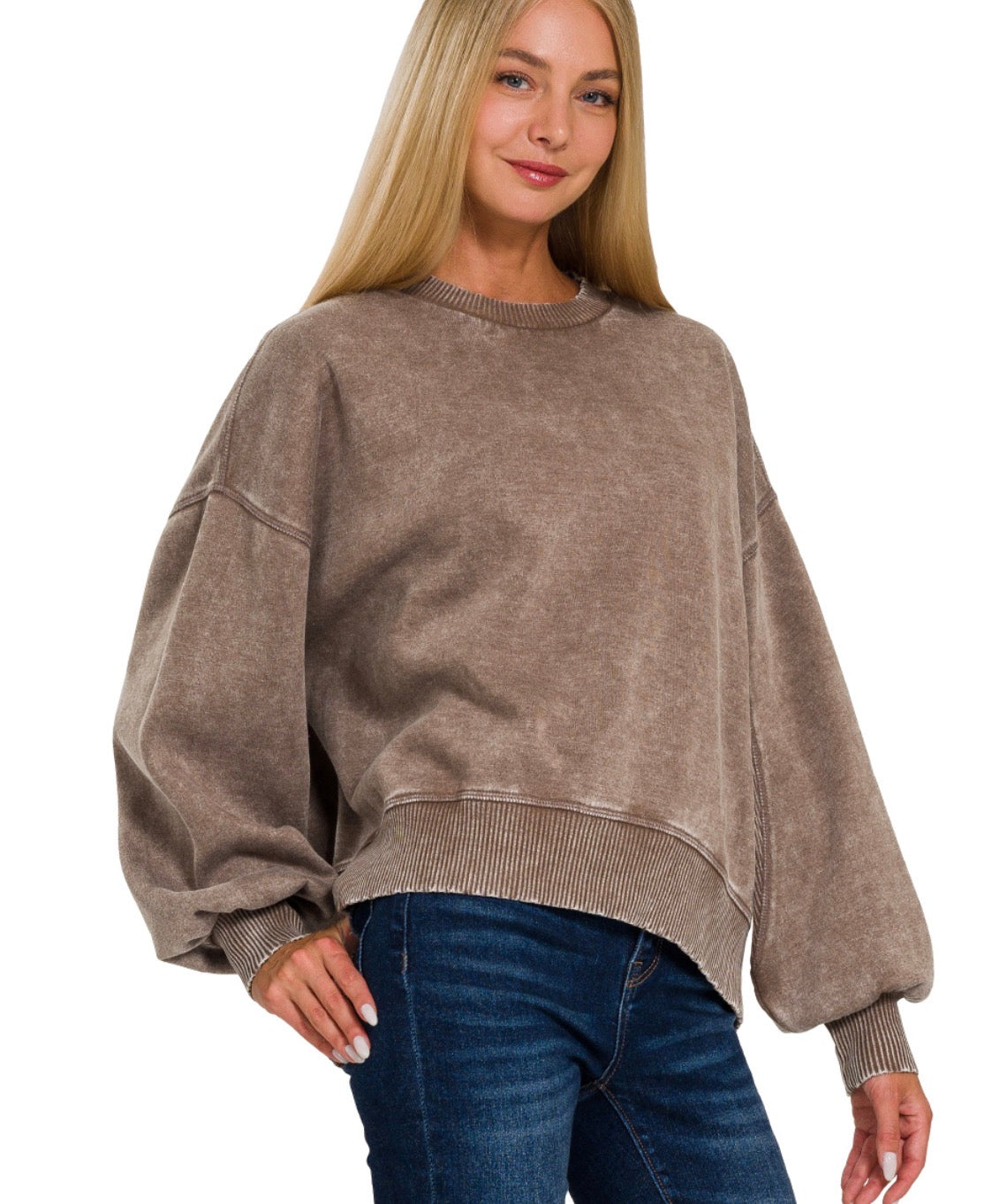 Acid Wash Fleece Oversized Pullover- Mocha