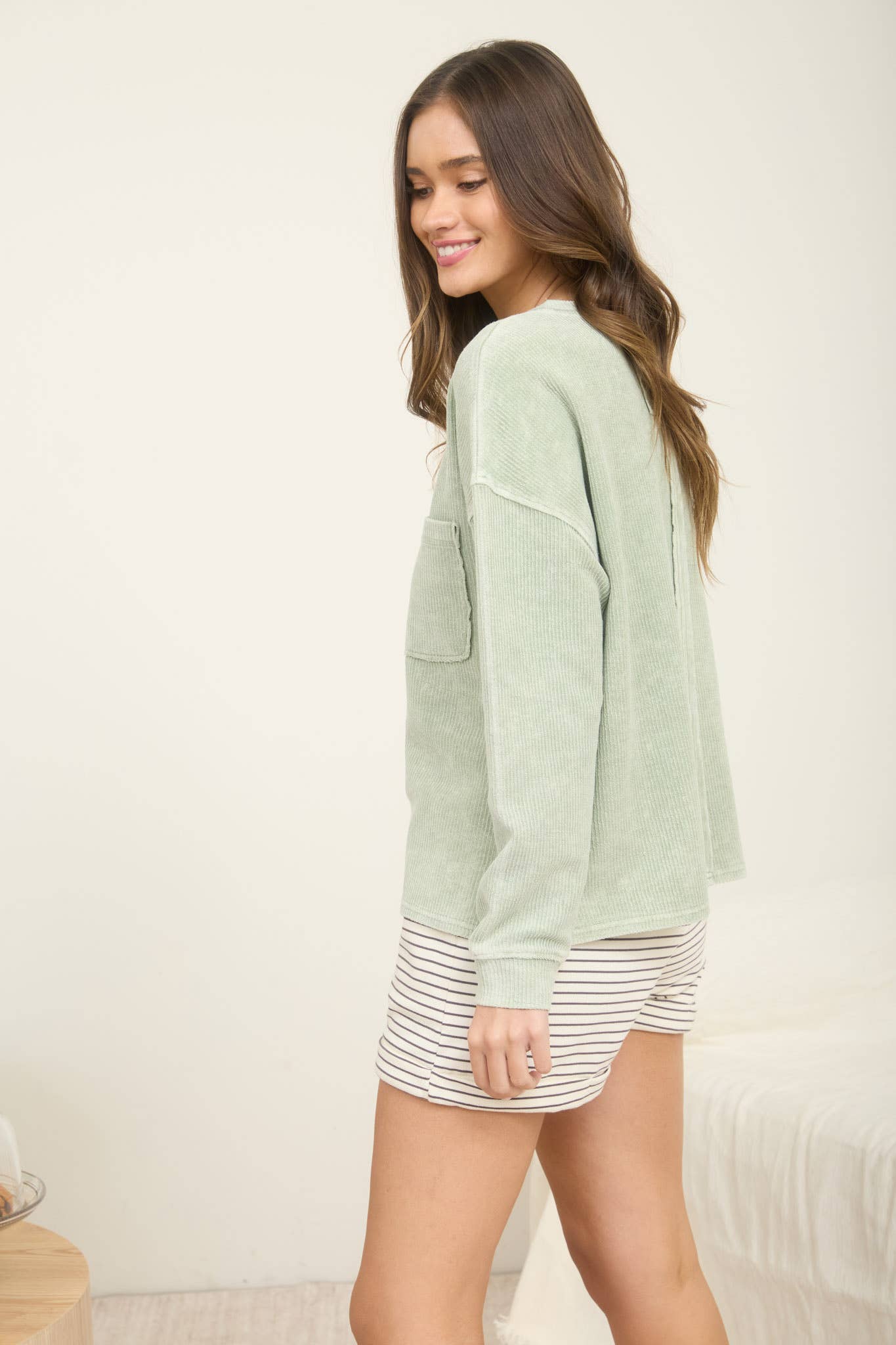 Washed Rib Knit Long Sleeve Top- Light Green