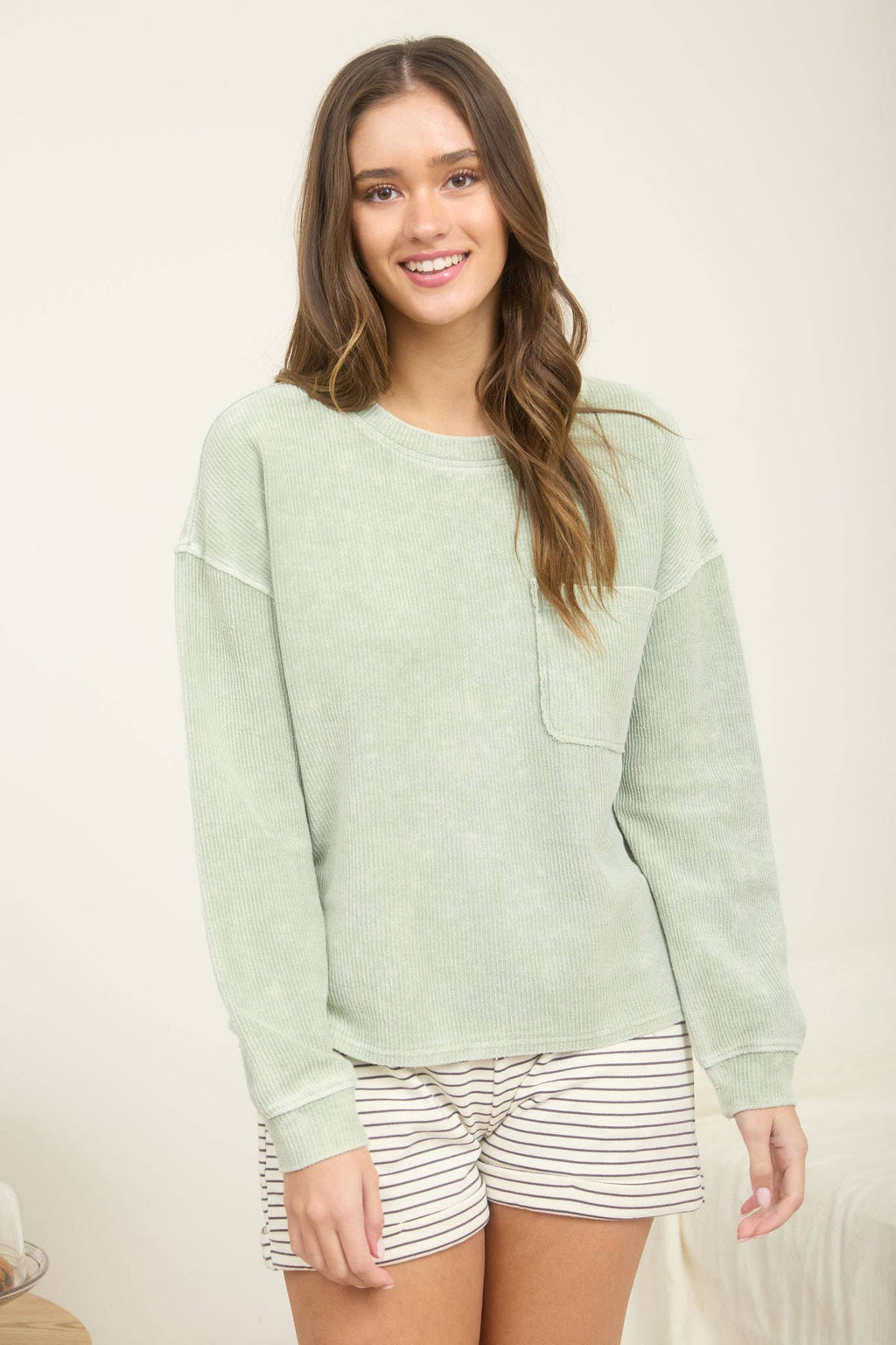 Washed Rib Knit Long Sleeve Top- Light Green