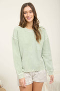Washed Rib Knit Long Sleeve Top- Light Green