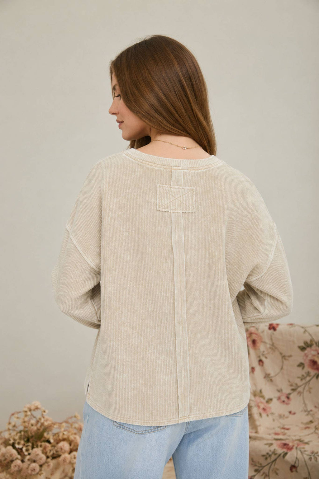 Washed Rib Knit Long Sleeve Top- Ash Mocha
