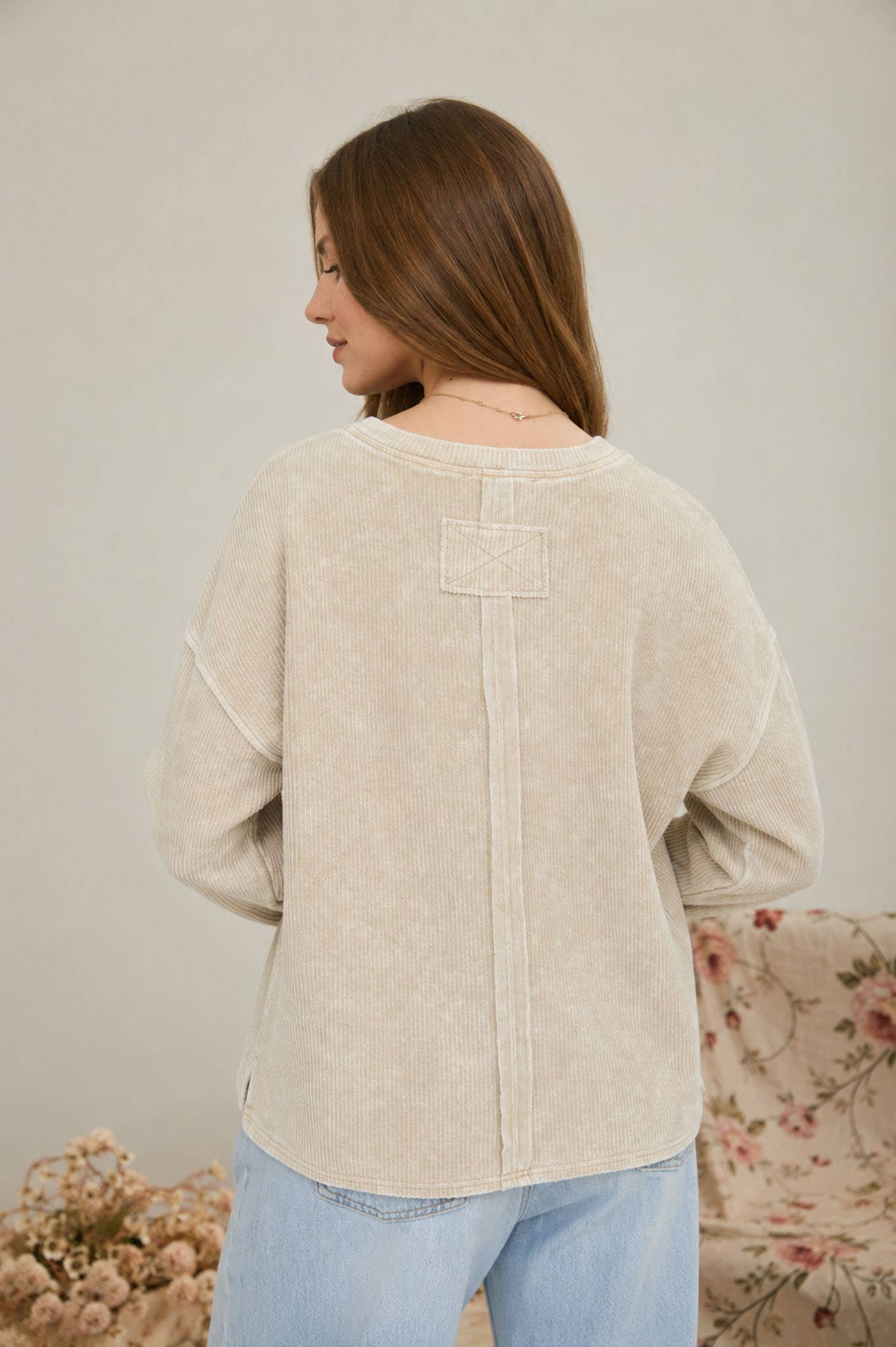 Washed Rib Knit Long Sleeve Top- Ash Mocha
