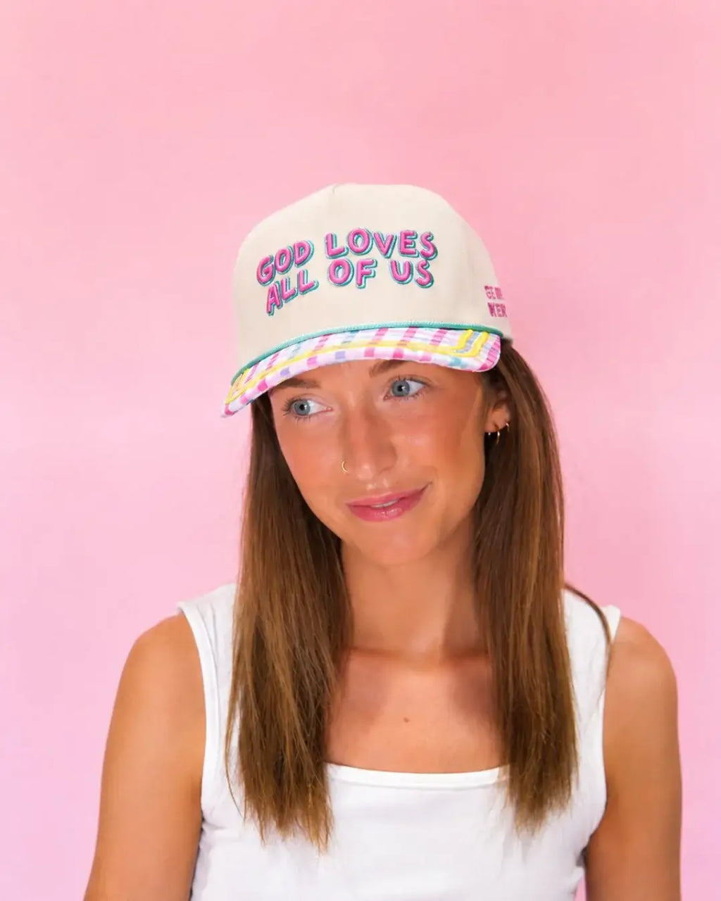 God Loves all of us Canvas Hat- Colorful Gingham