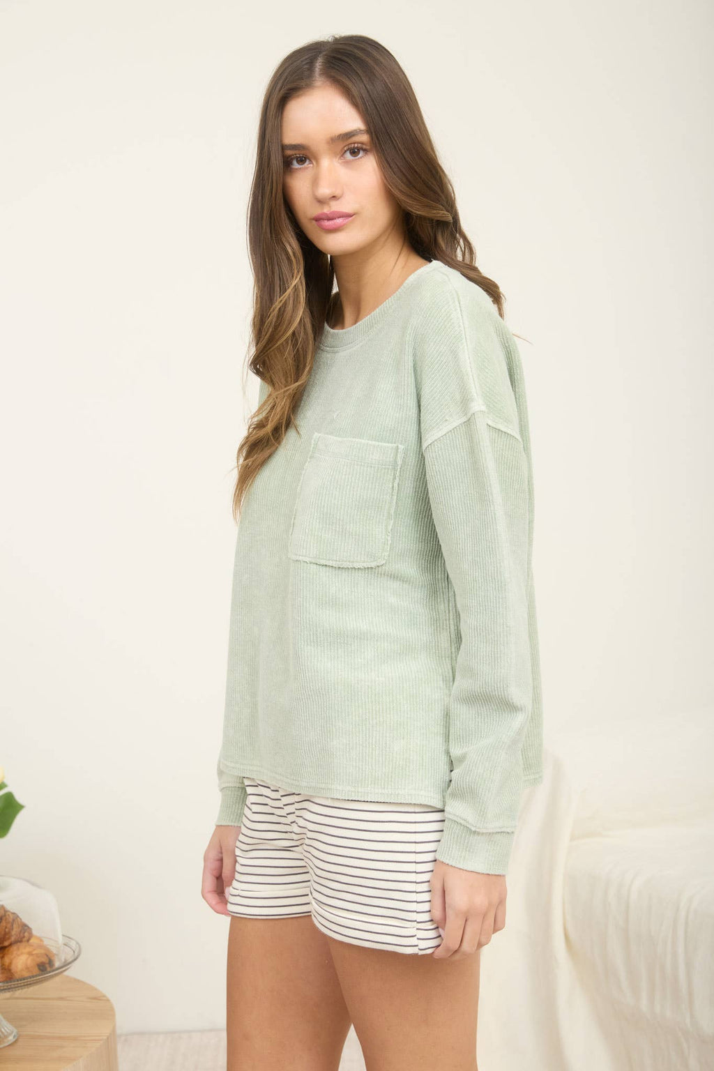 Washed Rib Knit Long Sleeve Top- Light Green
